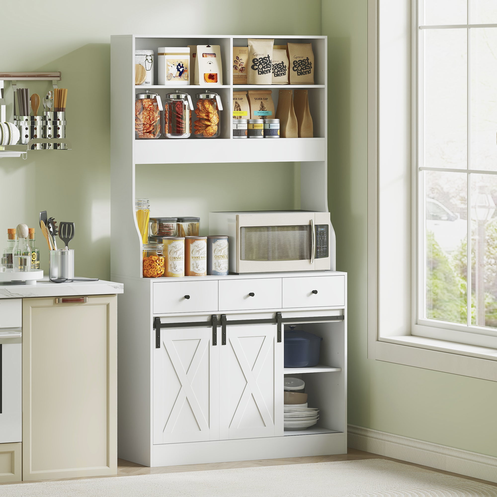 Kitchen Cabinet, Tall Cabinet with Countertop, Buffet Cabinet with Sliding Doors, 3 Drawers, Adjustable Shelves, Storage Cabinet for Kitchen Dining Room 93.5x40x180 cm White