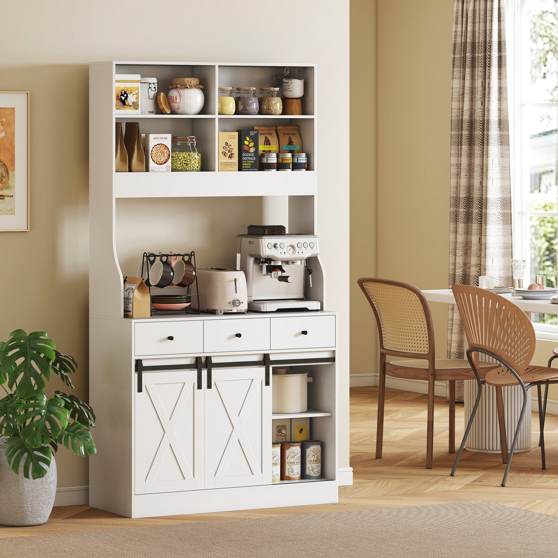 Kitchen Cabinet, Tall Cabinet with Countertop, Buffet Cabinet with Sliding Doors, 3 Drawers, Adjustable Shelves, Storage Cabinet for Kitchen Dining Room 93.5x40x180 cm White