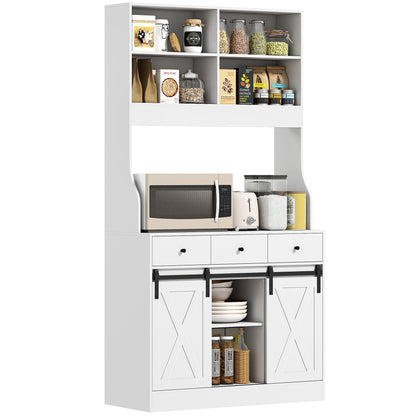 Kitchen Cabinet, Tall Cabinet with Countertop, Buffet Cabinet with Sliding Doors, 3 Drawers, Adjustable Shelves, Storage Cabinet for Kitchen Dining Room 93.5x40x180 cm White