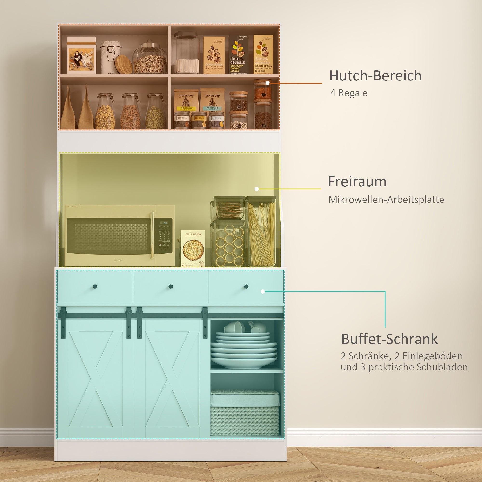 Kitchen Cabinet, Tall Cabinet with Countertop, Buffet Cabinet with Sliding Doors, 3 Drawers, Adjustable Shelves, Storage Cabinet for Kitchen Dining Room 93.5x40x180 cm White