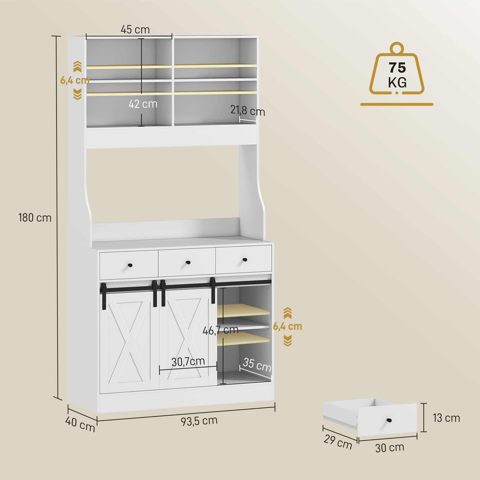 Kitchen Cabinet, Tall Cabinet with Countertop, Buffet Cabinet with Sliding Doors, 3 Drawers, Adjustable Shelves, Storage Cabinet for Kitchen Dining Room 93.5x40x180 cm White