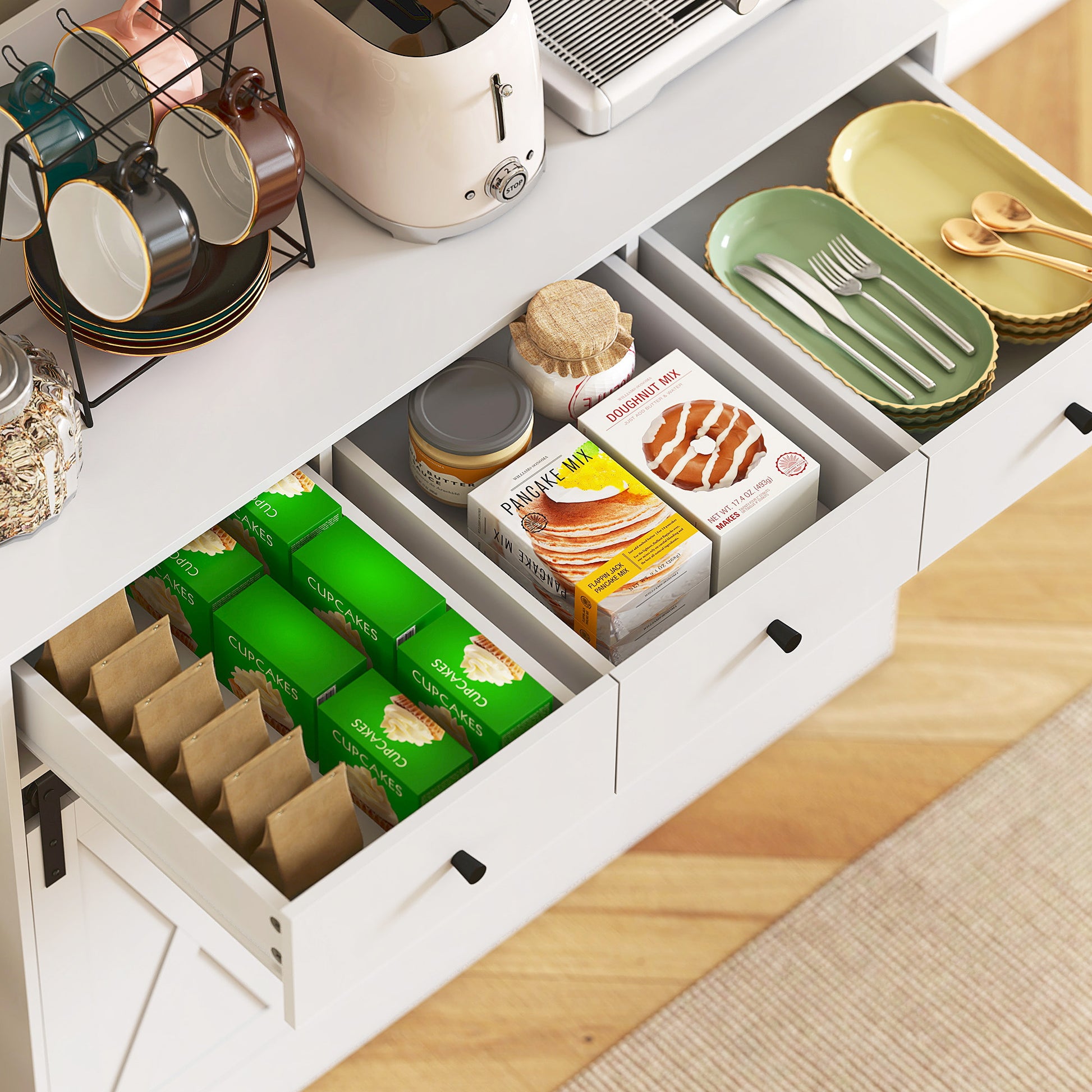 Kitchen Cabinet, Tall Cabinet with Countertop, Buffet Cabinet with Sliding Doors, 3 Drawers, Adjustable Shelves, Storage Cabinet for Kitchen Dining Room 93.5x40x180 cm White