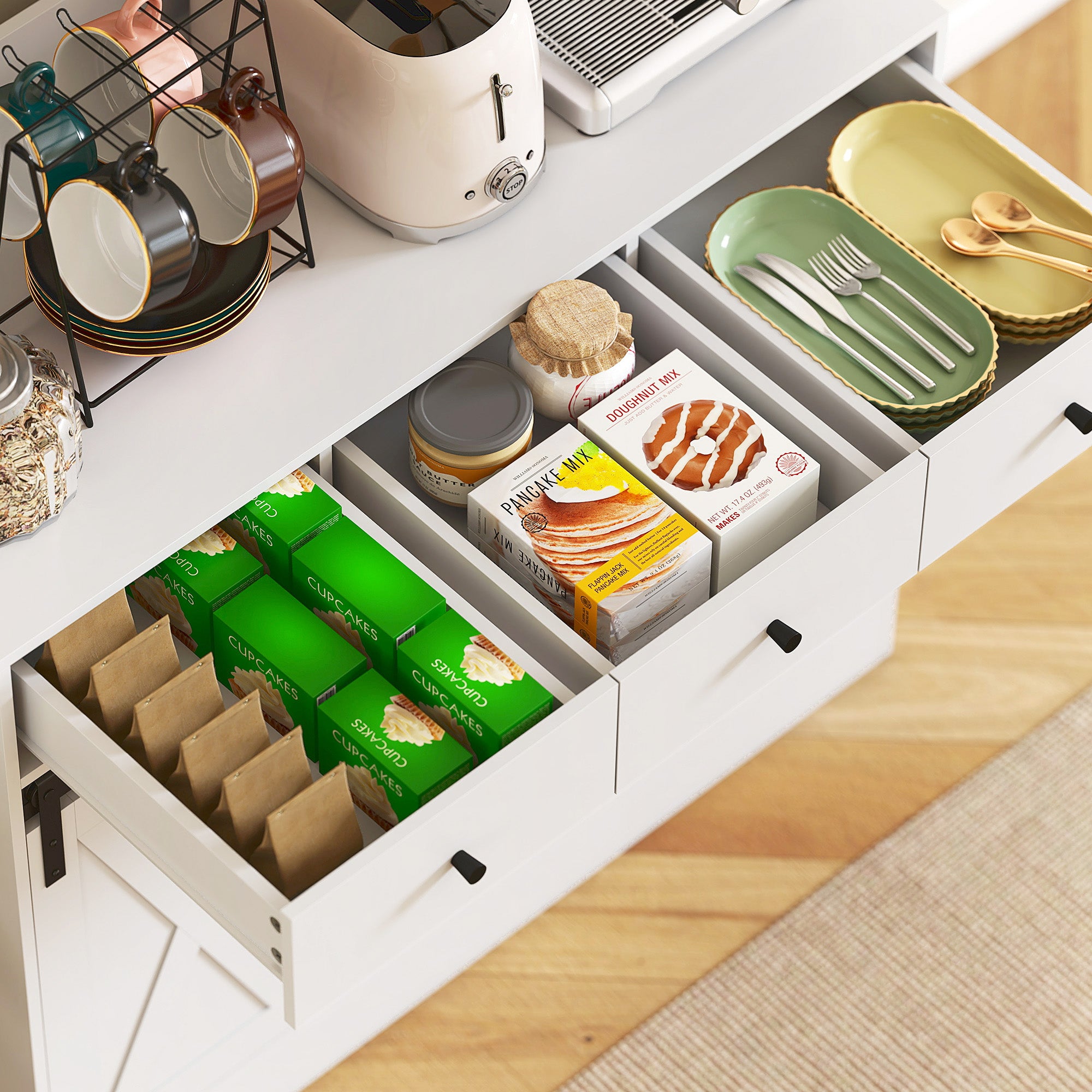 Kitchen Cabinet, Tall Cabinet with Countertop, Buffet Cabinet with Sliding Doors, 3 Drawers, Adjustable Shelves, Storage Cabinet for Kitchen Dining Room 93.5x40x180 cm White