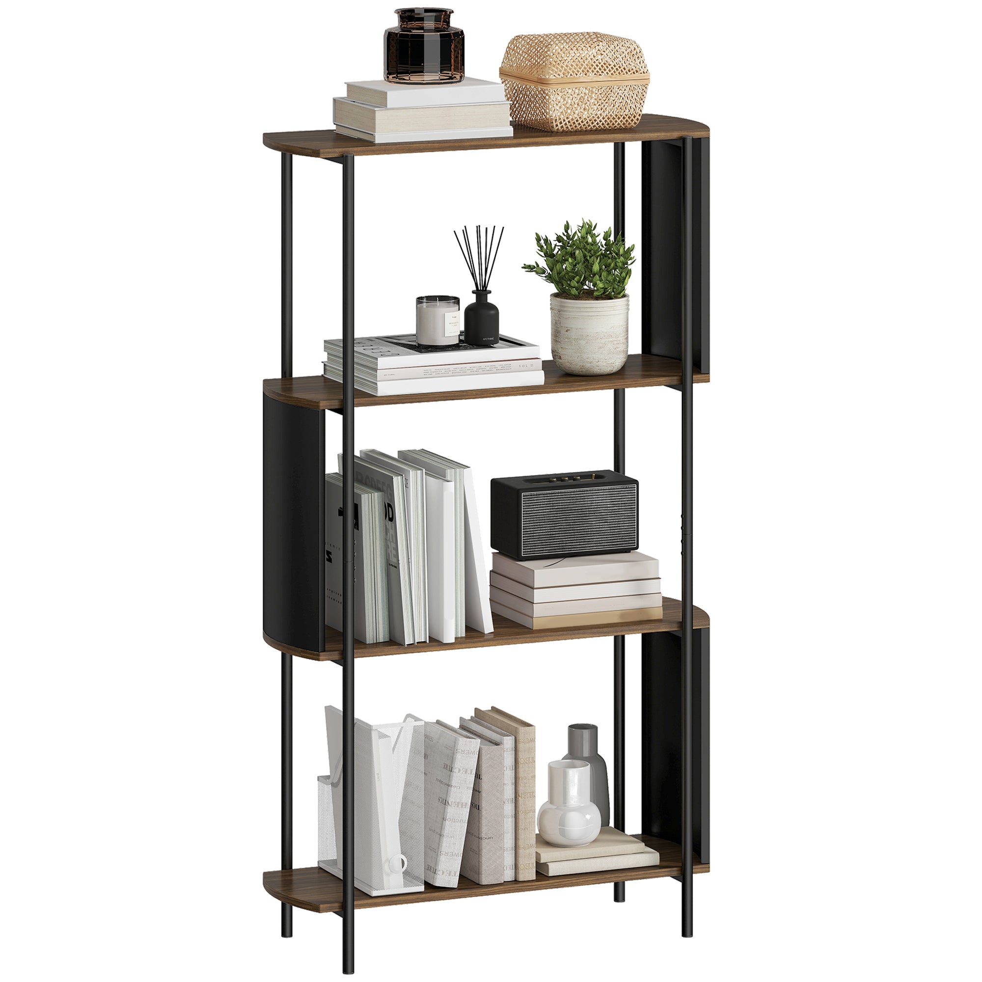 4-Tier Storage Shelf, 4-Shelf Bookcase with Curved Side Panels, Industrial Style Steel Frame Storage Unit for Office, Living Room, Bedroom — 31.5 x 11.8 x 55.5 in (80 x 30 x 141 cm), Brown