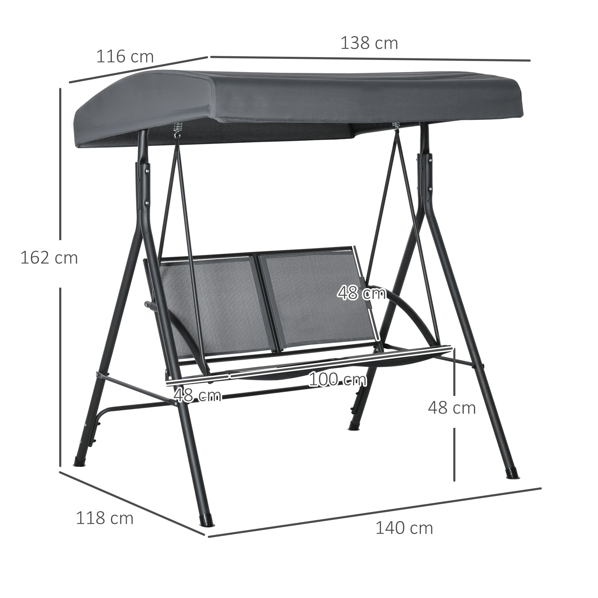 2-Seater Garden Swing for Outdoors with Adjustable Canopy and Texteline Seat, 140x118x162cm Gray