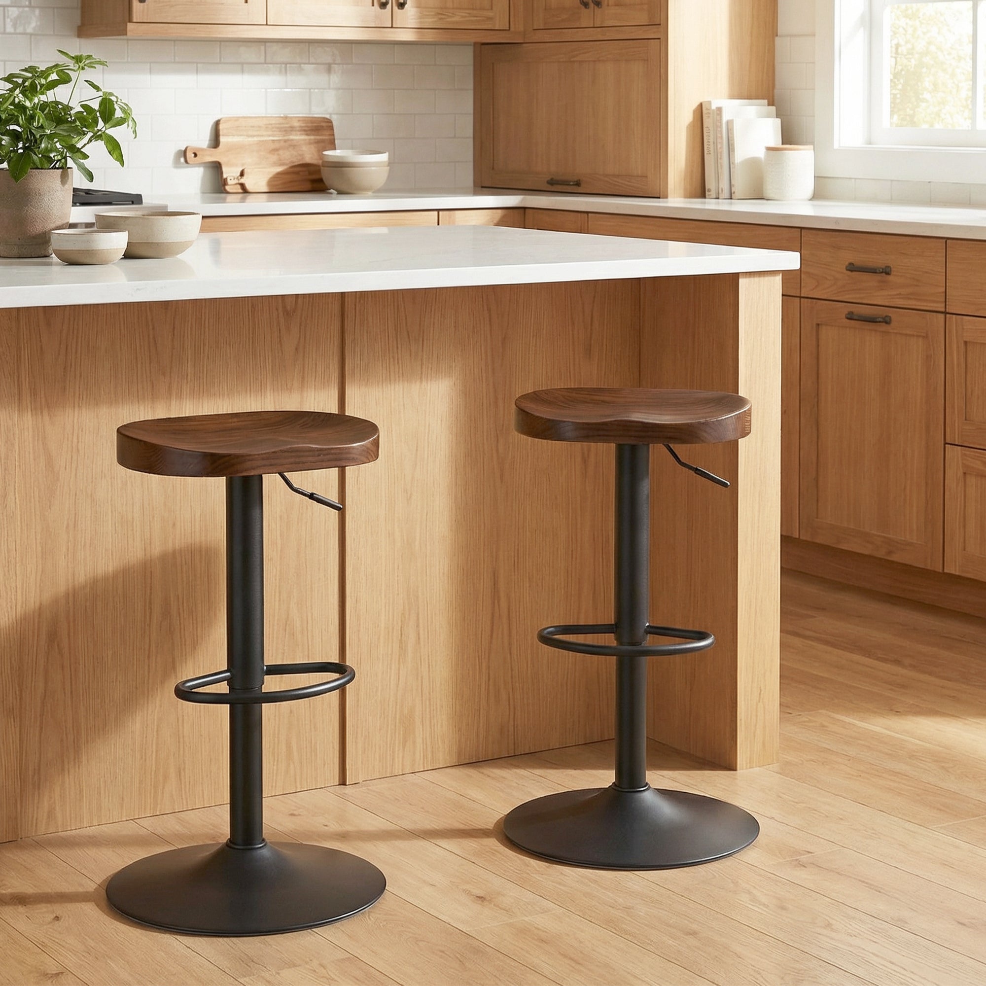 2-Pack Adjustable Swivel Bar Stools with Elm Saddle Seat, 24–32.3 in Height, Dark Brown/Black