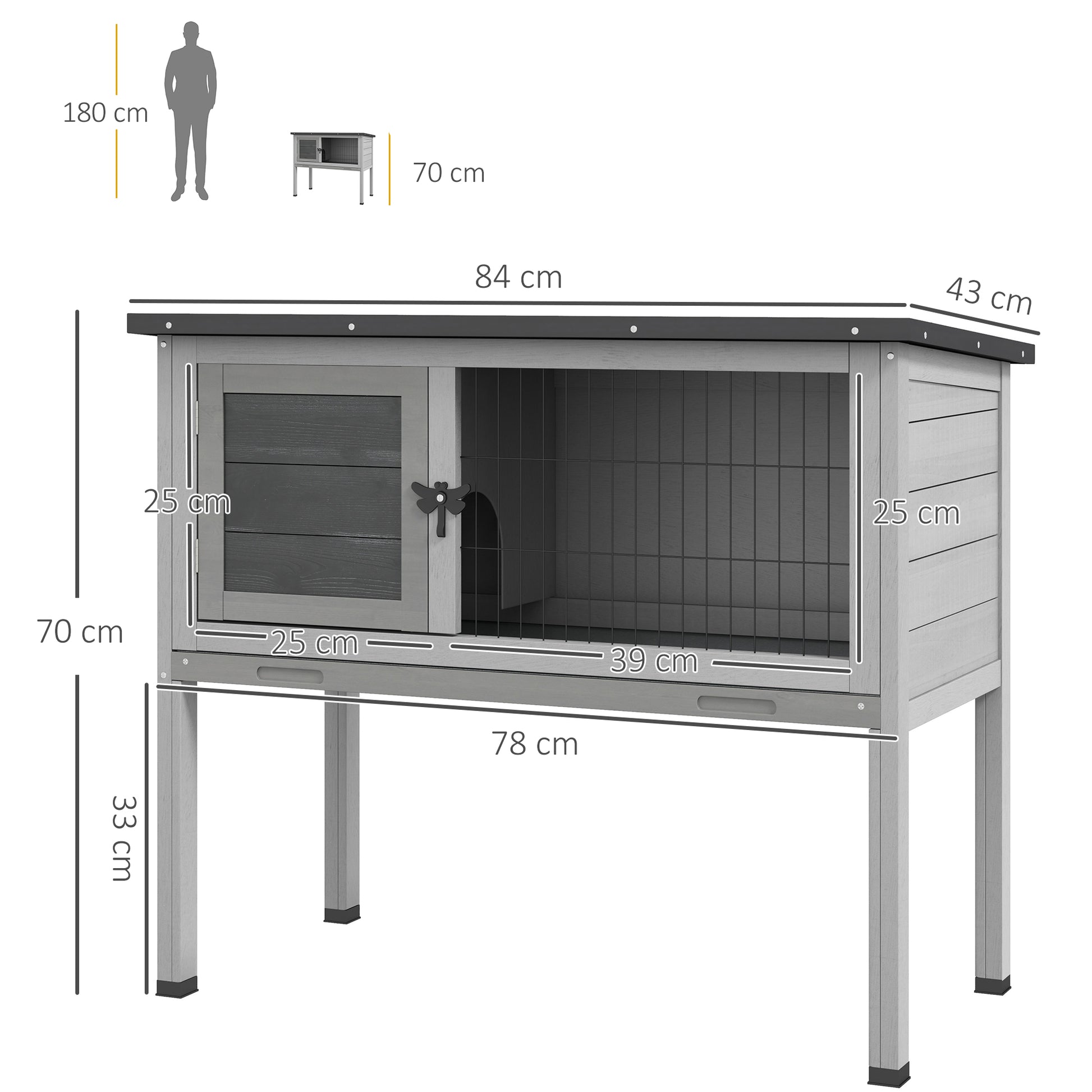 Wooden Rabbit Hutch Outdoor Shelter for Small Pets Rabbits Guinea Pigs with Removable Tray and Asphalt Roof 84x43x70 cm Gray and Black