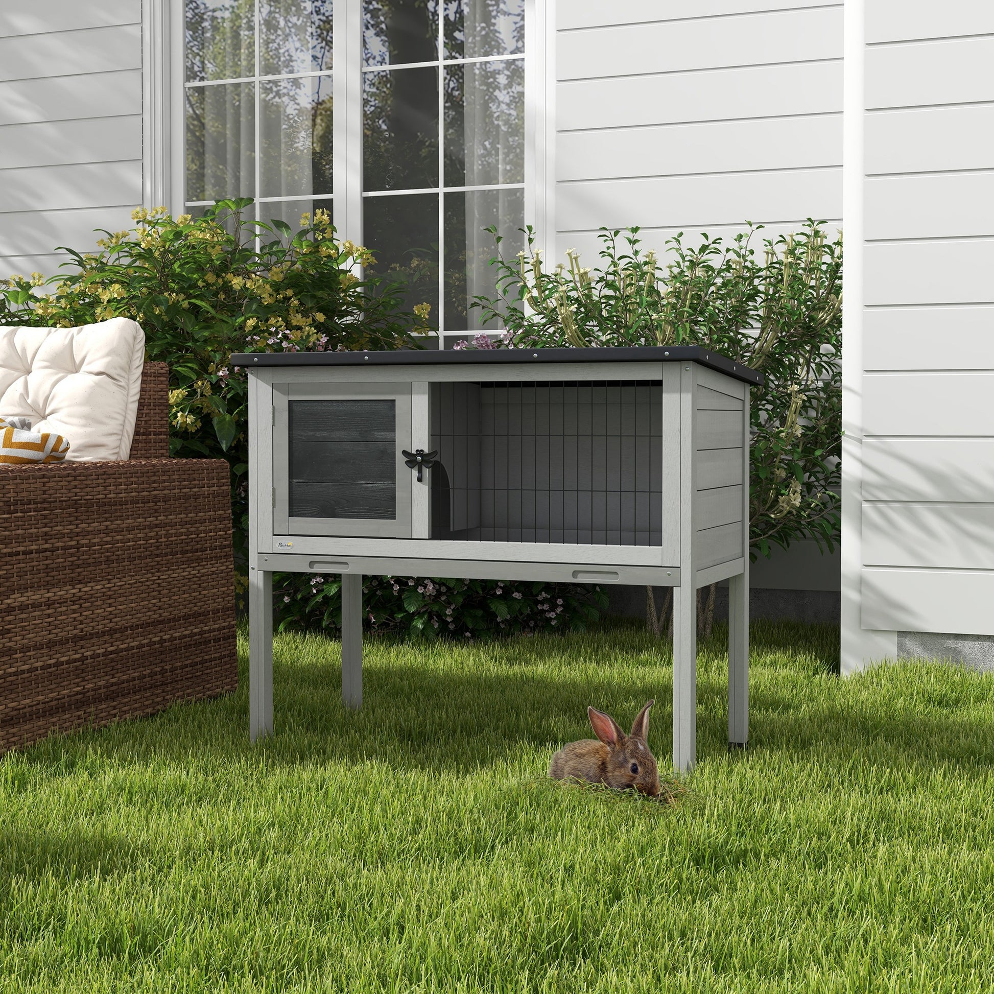 Wooden Rabbit Hutch Outdoor Shelter for Small Pets Rabbits Guinea Pigs with Removable Tray and Asphalt Roof 84x43x70 cm Gray and Black