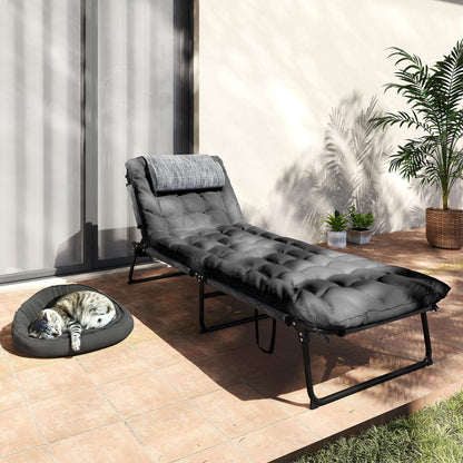 Folding Outdoor Sun Lounger with Pillow — 4-Position Adjustable Backrest, Side Pocket, Weather-Resistant — Supports up to 265 lb — Black