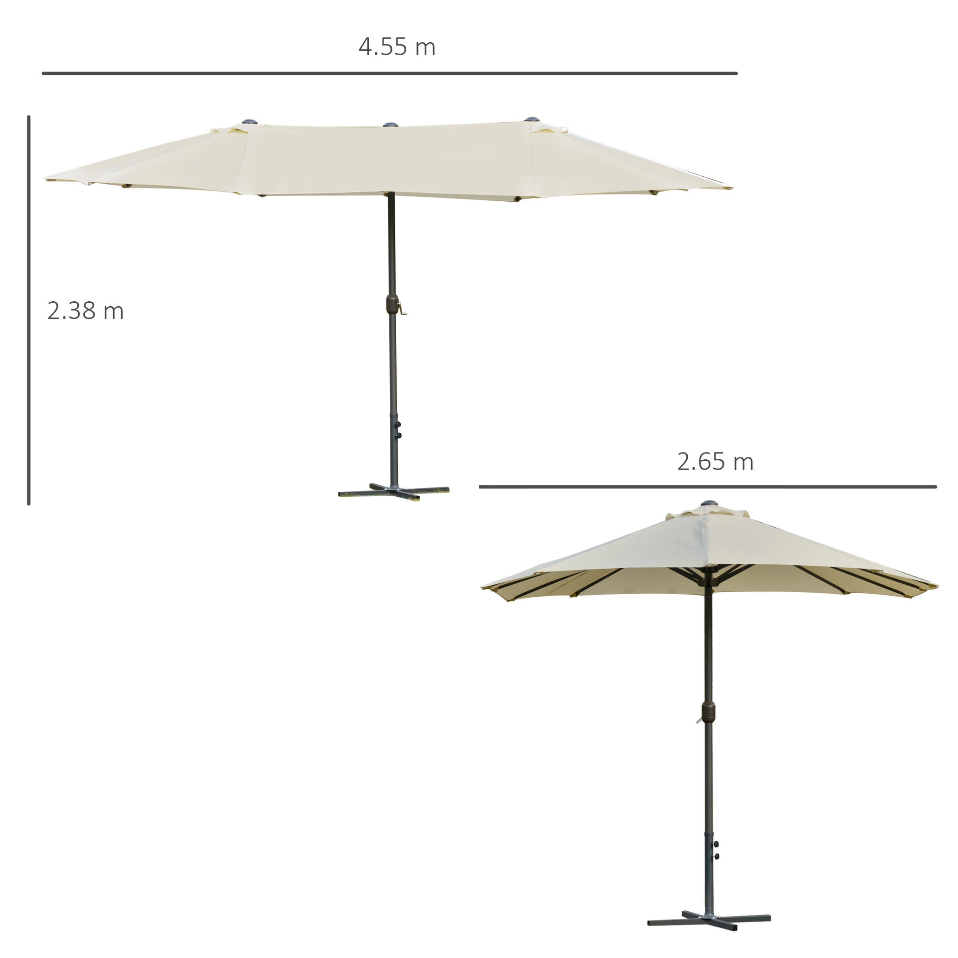 Double Umbrella 4.55x2.65 m Outdoor Terrace Umbrella with Manual Crank Water-Resistant and Sun Protection Large Umbrella for Terrace Beach Pool Cream