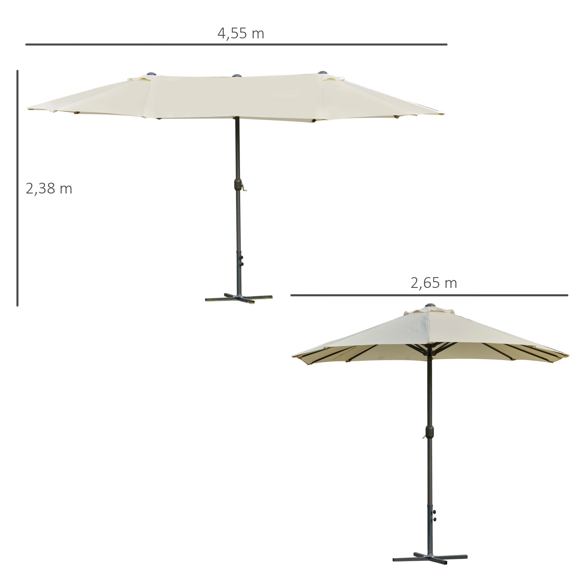 Double Umbrella 4.55x2.65 m Outdoor Terrace Umbrella with Manual Crank Water-Resistant and Sun Protection Large Umbrella for Terrace Beach Pool Cream