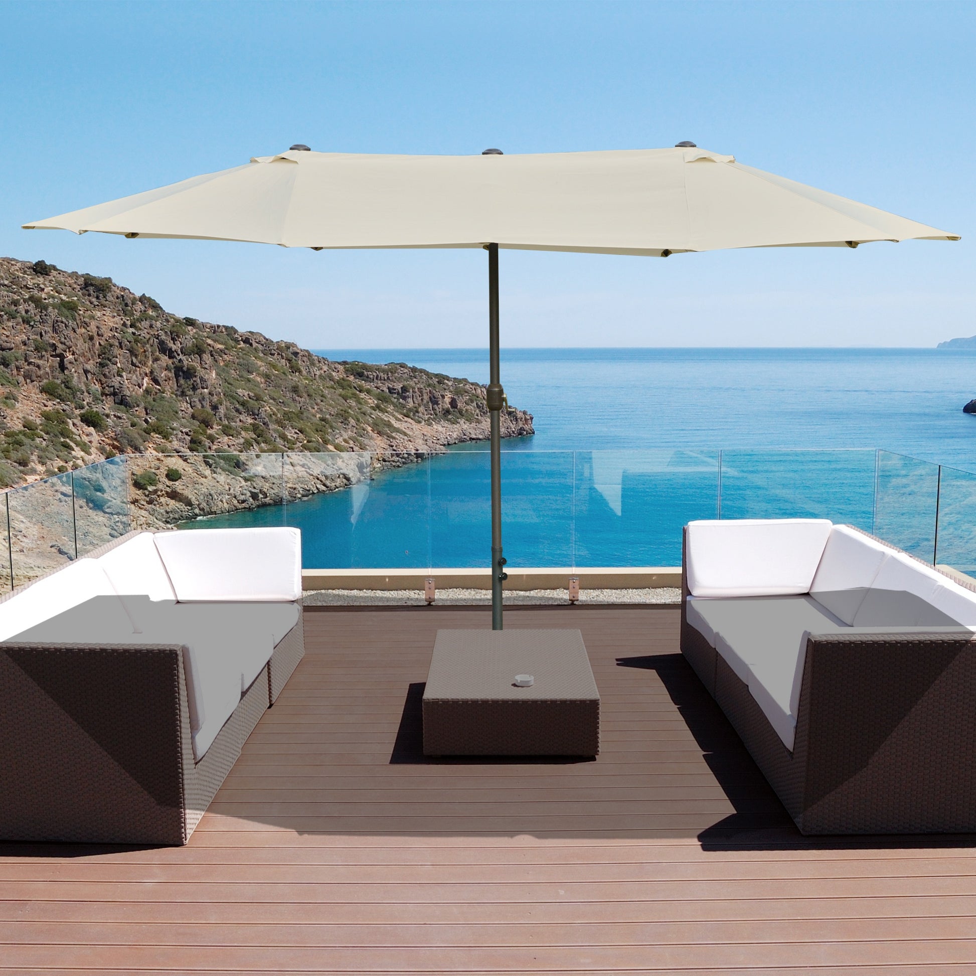 Double Umbrella 4.55x2.65 m Outdoor Terrace Umbrella with Manual Crank Water-Resistant and Sun Protection Large Umbrella for Terrace Beach Pool Cream