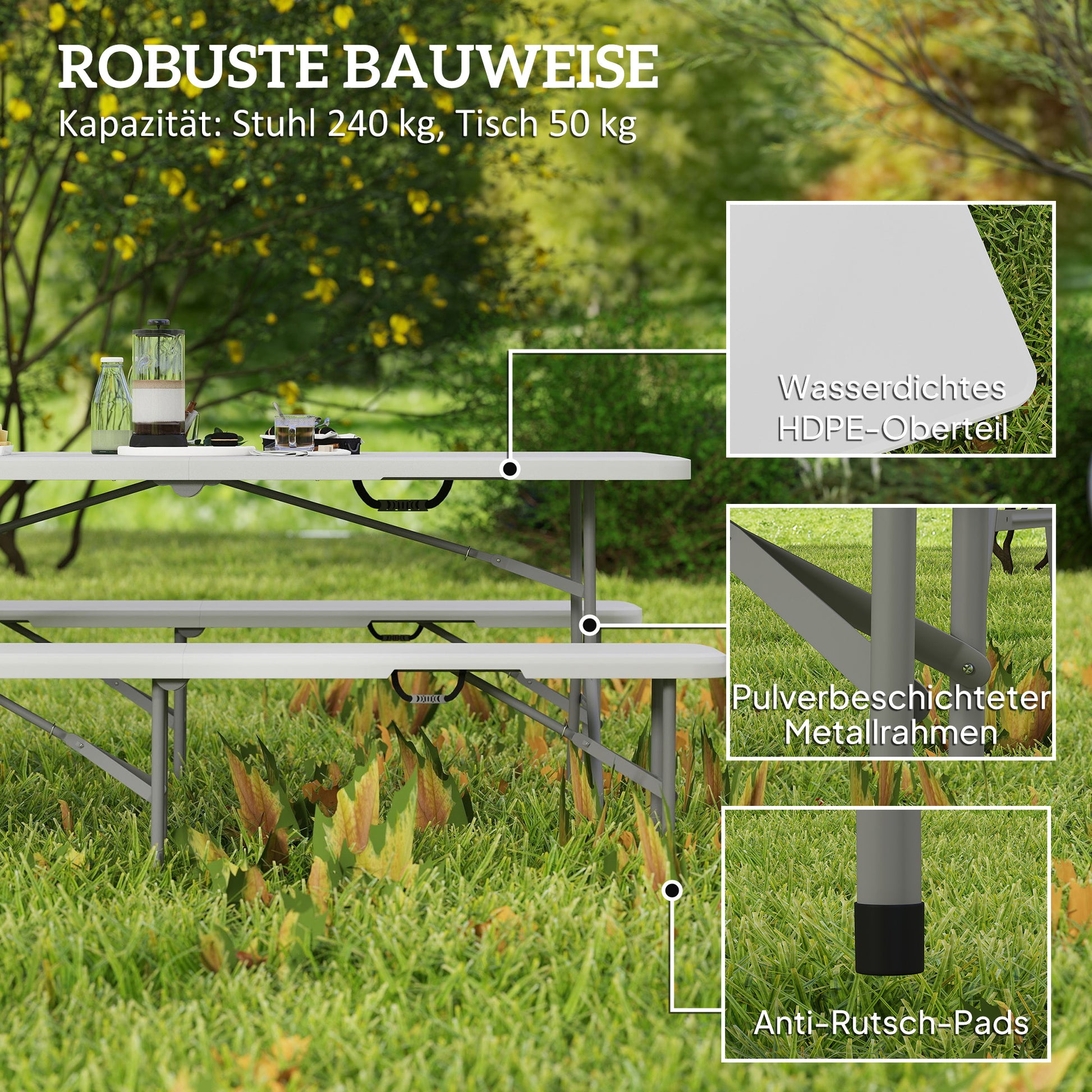 Folding Beer Tent Set 3-piece Camping Table, 2 Beer Benches with Carrying Handle, Beer Tent Set for Balcony, Garden, Party Tent 180 x 74 x 74 cm