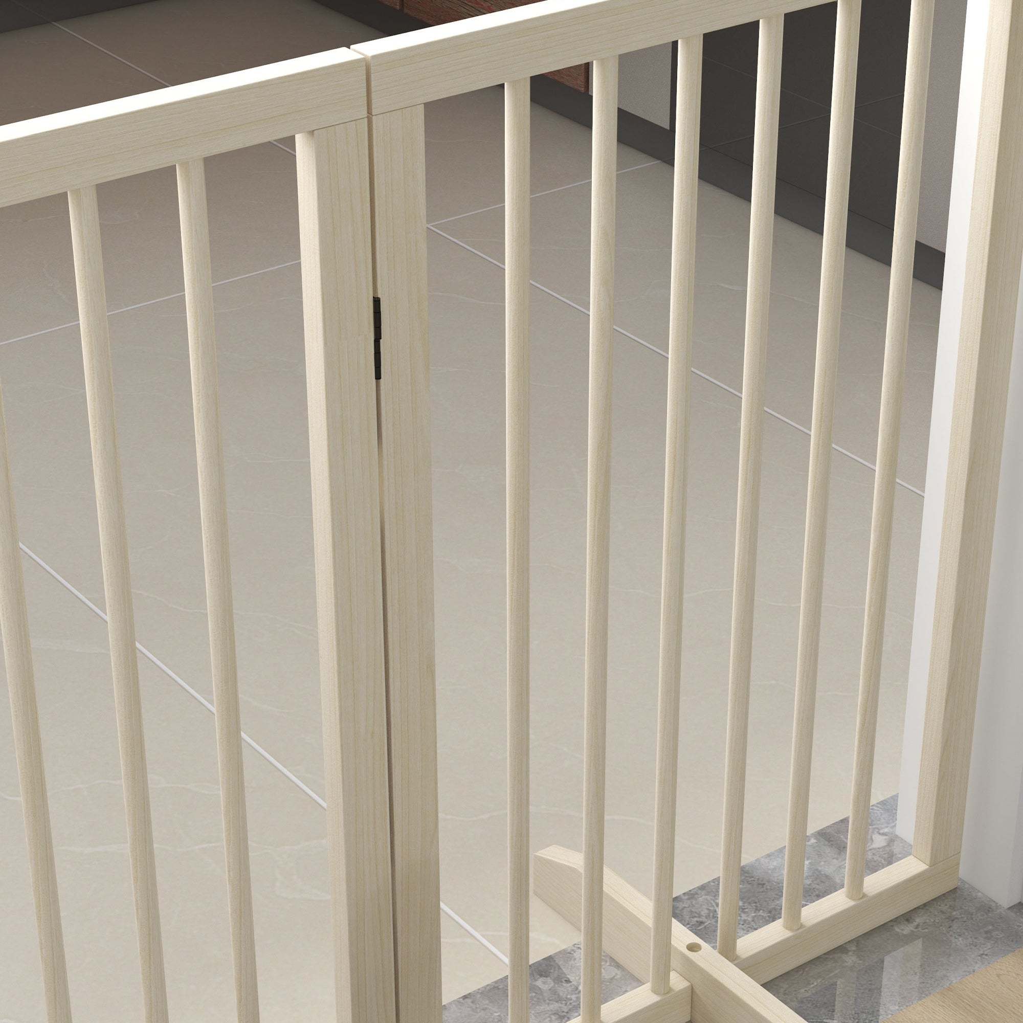 Dog Safety Barrier Modular Foldable 4-Panel Pet Fence in Wood with Support Feet - 206 x 35.5 x 76 cm Natural Wood