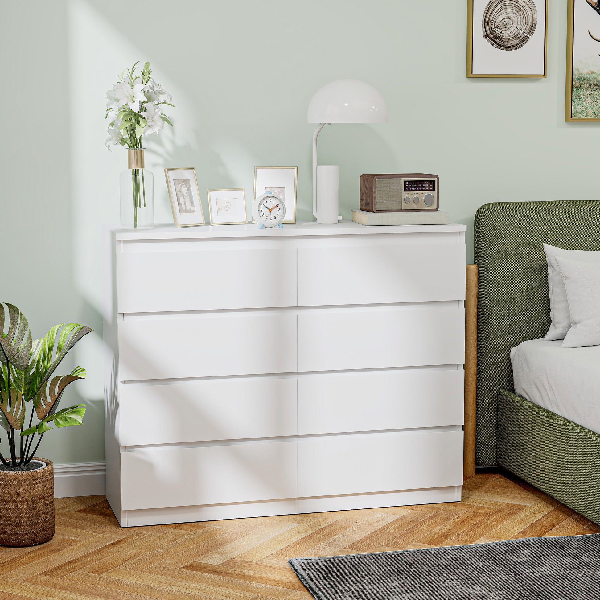 8-Drawer Bedroom Chest of Drawers, Wooden Dresser with Non-Slip Feet, for Living Room, Dining Room, and Hallway, 120x39x100 cm, White