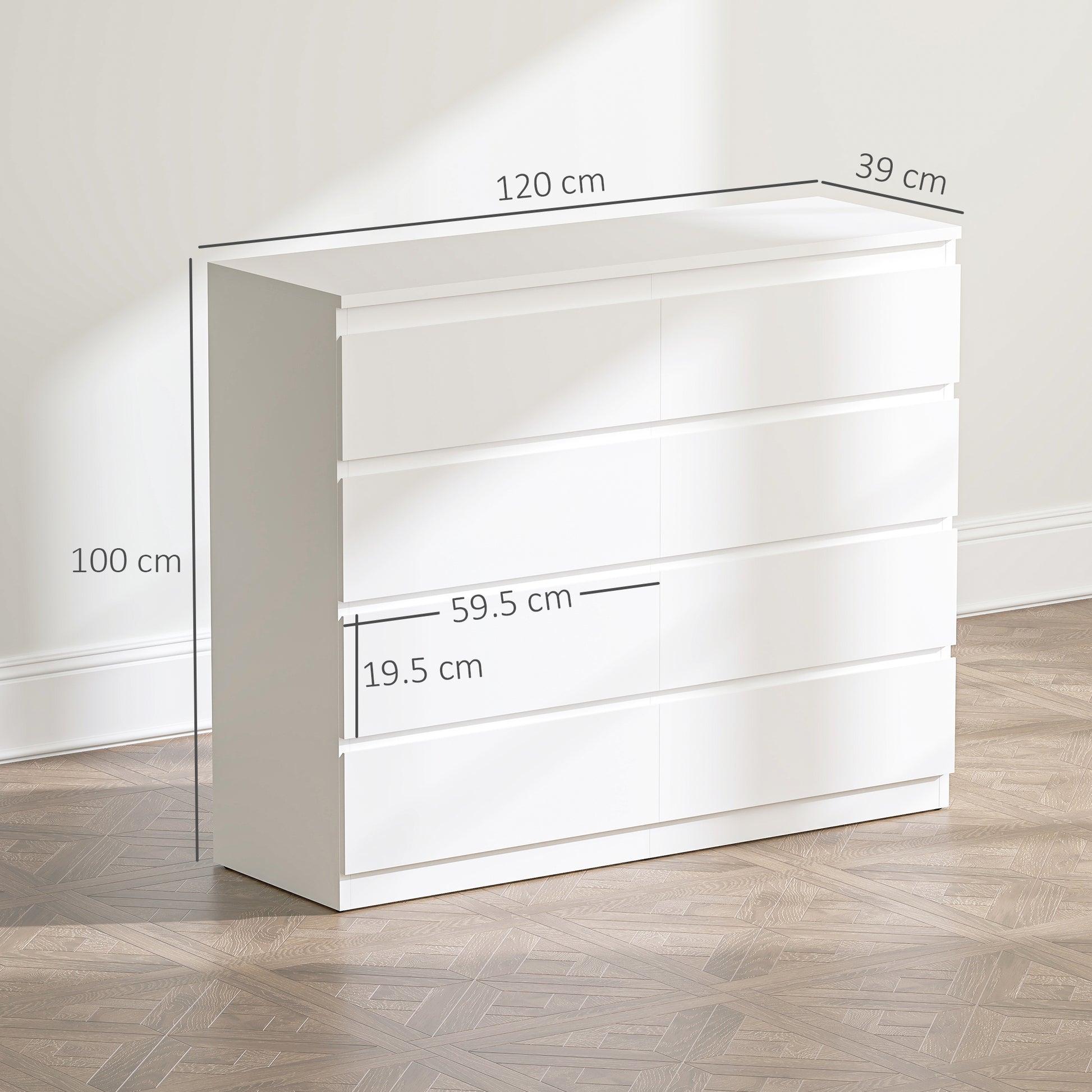 8-Drawer Bedroom Chest of Drawers, Wooden Dresser with Non-Slip Feet, for Living Room, Dining Room, and Hallway, 120x39x100 cm, White