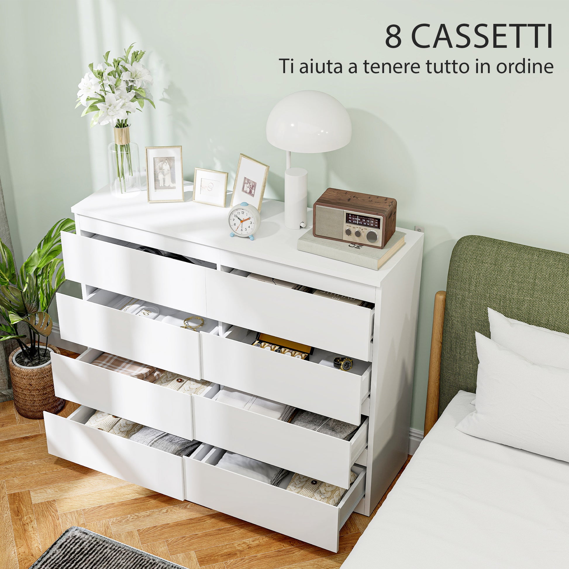 8-Drawer Bedroom Chest of Drawers, Wooden Dresser with Non-Slip Feet, for Living Room, Dining Room, and Hallway, 120x39x100 cm, White