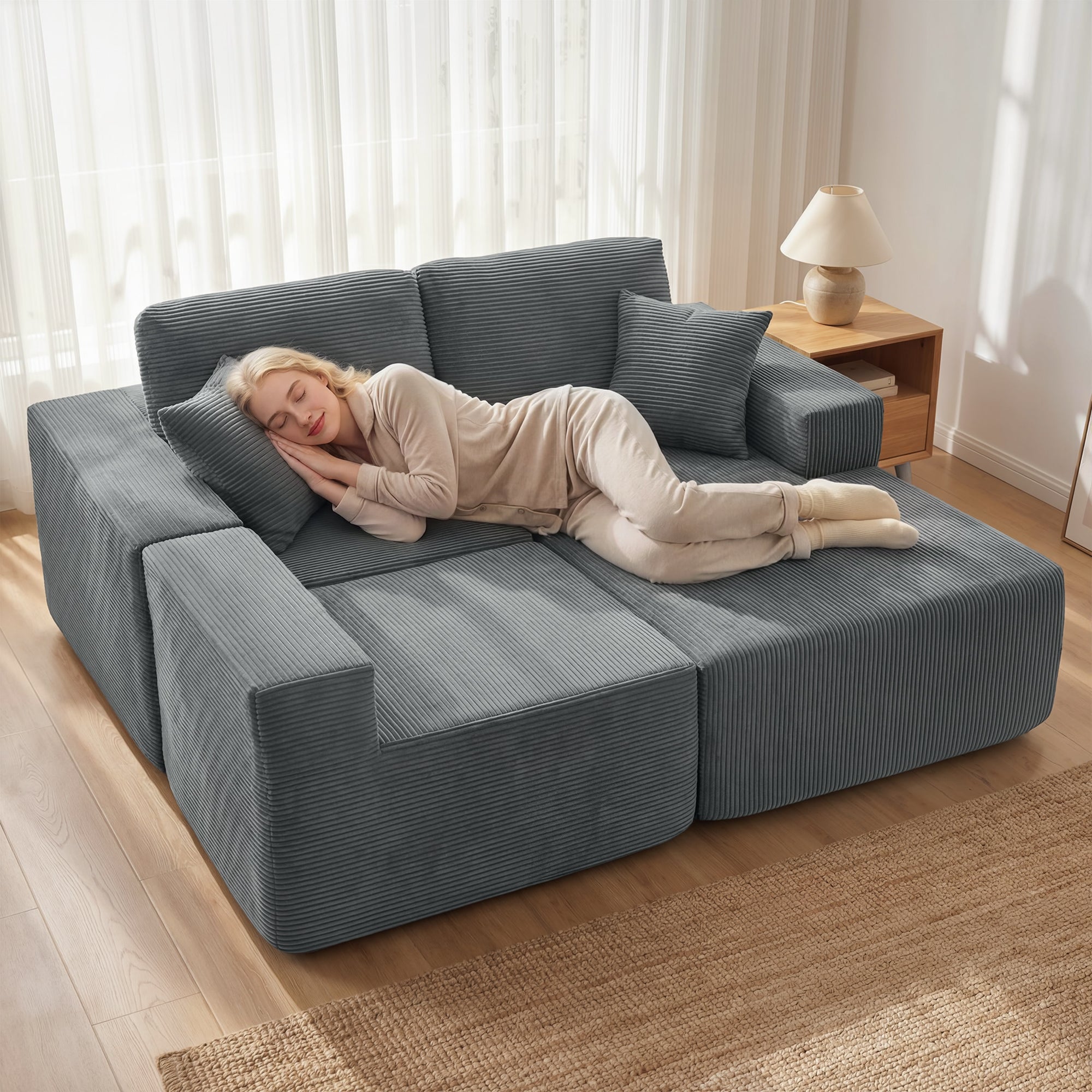 Corner Sofa with Sleeper Function, L-Shaped 267 cm Deep-Seat 3-Seater 2-in-1 Sectional with Cushions, Corduroy-Look, Dark Gray