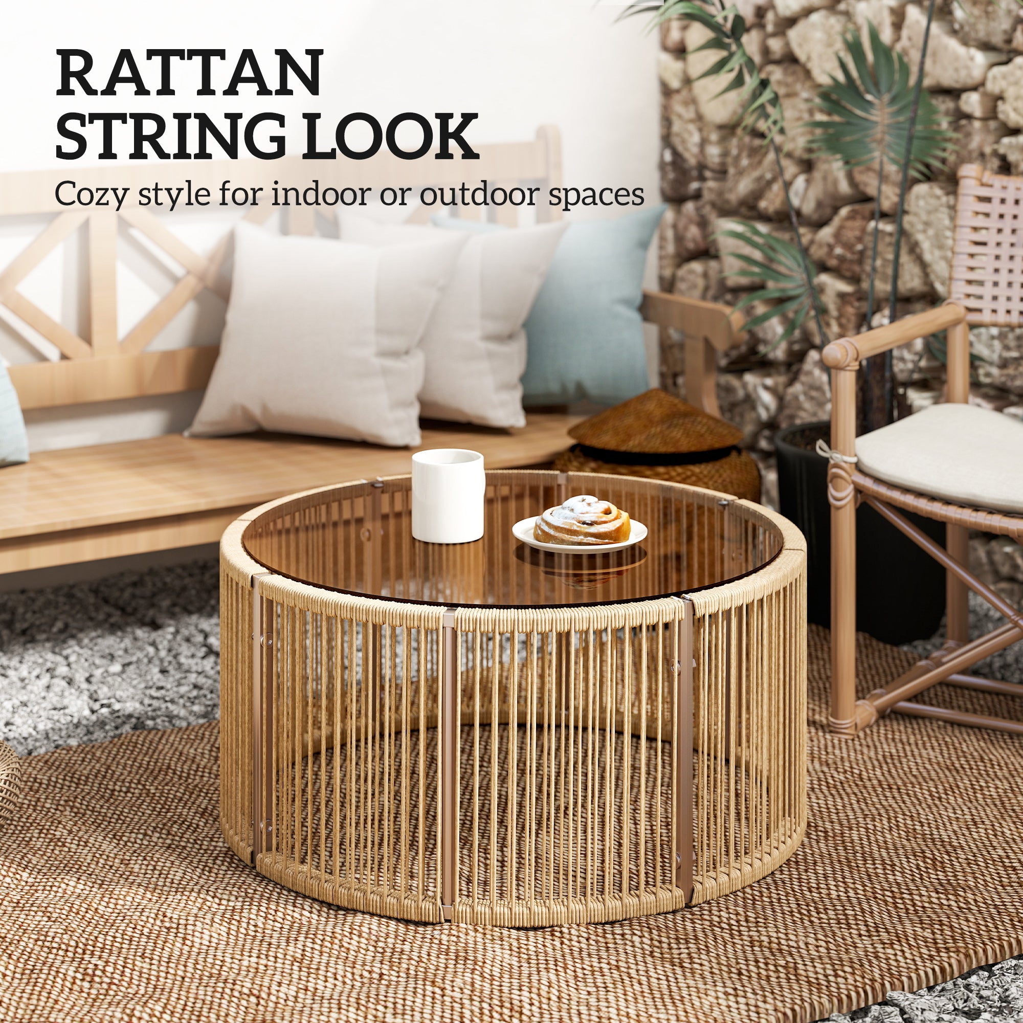 Polyrattan Side Table – Coffee Table with Tempered Glass Top, Powder-Coated Steel Frame for Garden, Terrace, Balcony, 27.6 x 27.6 x 13 in (70 x 70 x 33 cm), Brown