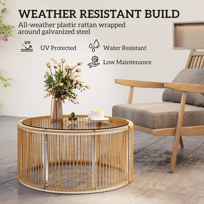 Polyrattan Side Table – Coffee Table with Tempered Glass Top, Powder-Coated Steel Frame for Garden, Terrace, Balcony, 27.6 x 27.6 x 13 in (70 x 70 x 33 cm), Brown