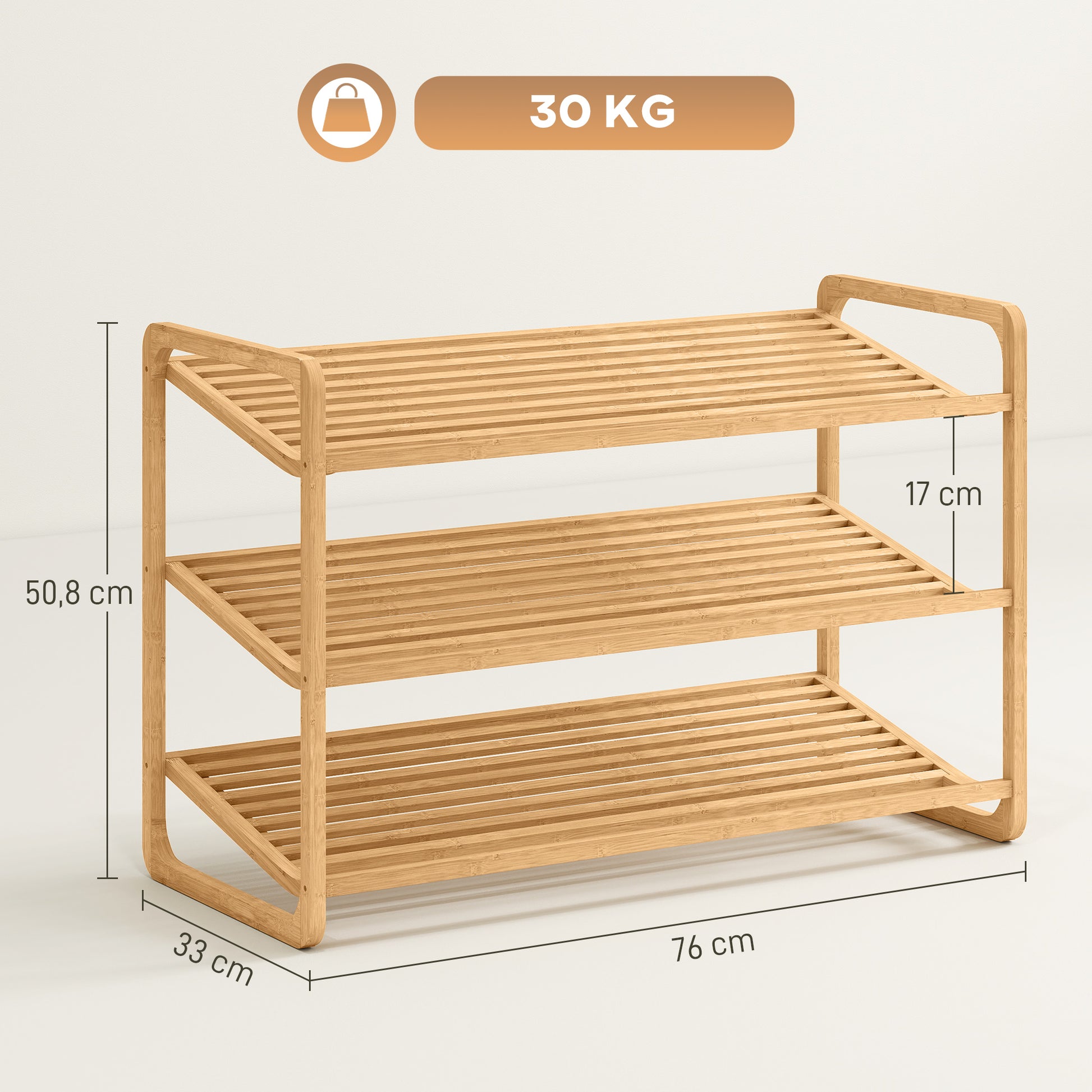 3-Tier Bamboo Shoe Rack for 12 Pairs of Shoes Entryway Shoe Storage Organizer 76x33x50.8 cm Natural