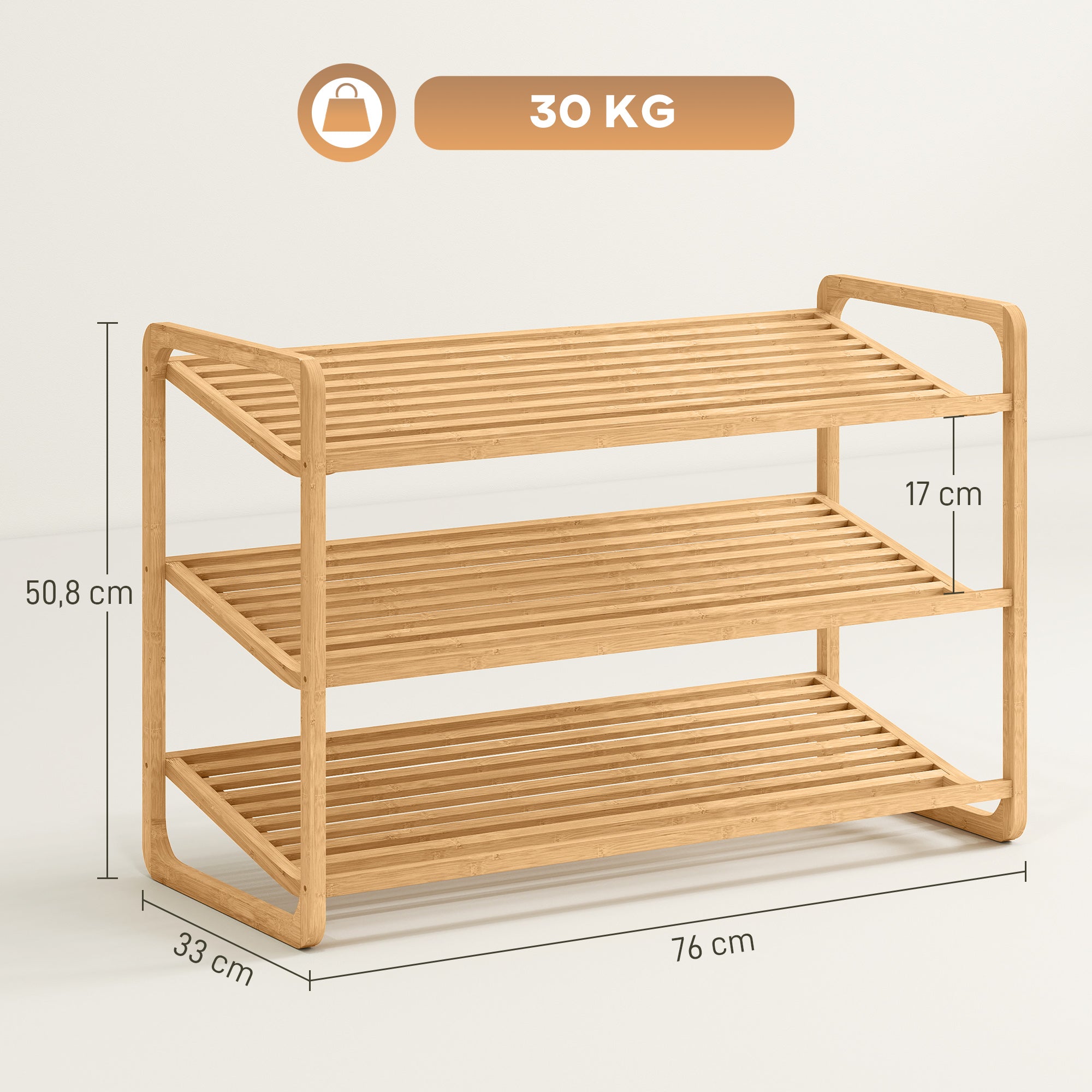 3-Tier Bamboo Shoe Rack for 12 Pairs of Shoes Entryway Shoe Storage Organizer 76x33x50.8 cm Natural
