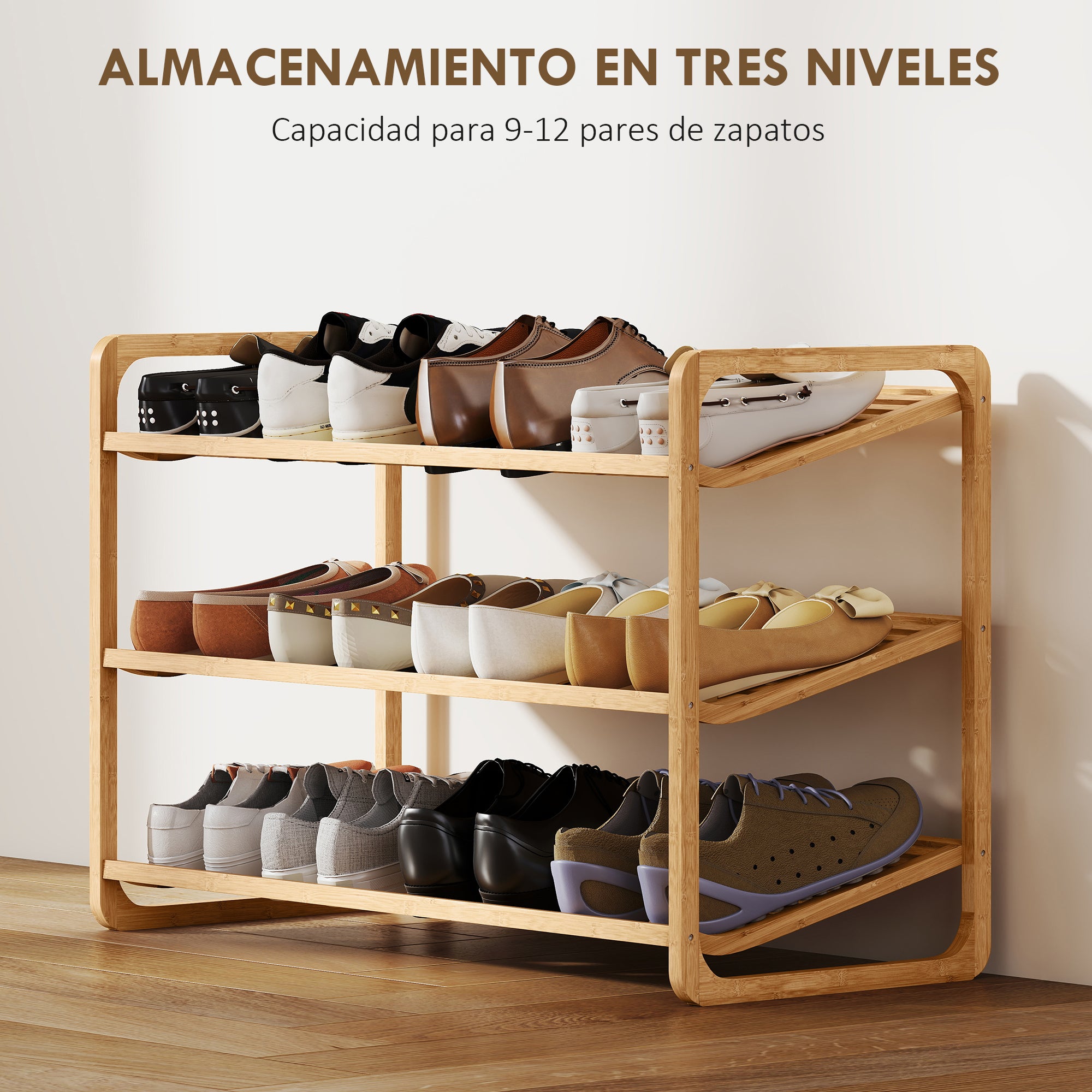3-Tier Bamboo Shoe Rack for 12 Pairs of Shoes Entryway Shoe Storage Organizer 76x33x50.8 cm Natural