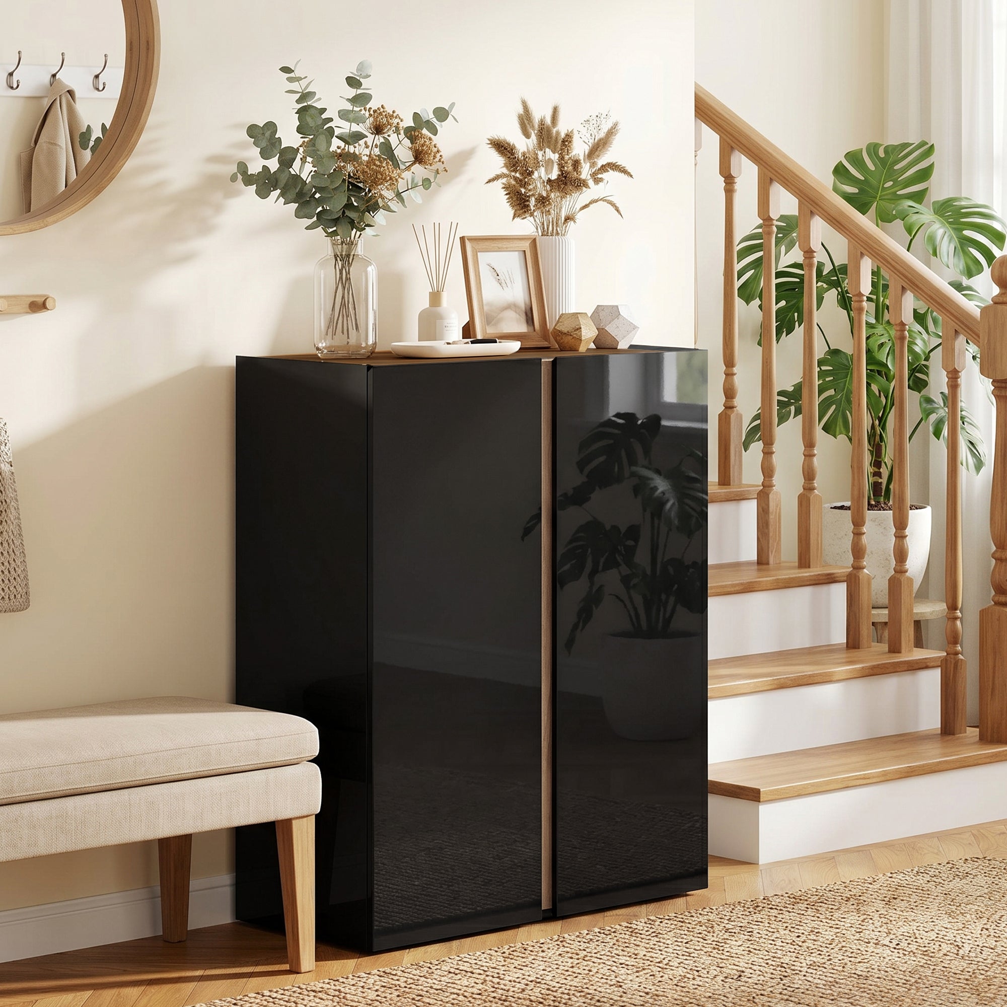 Shoe Cabinet with Soft-Close Safety Doors, 6-Tier Storage for up to 18 Pairs, Handleless Design, High-Gloss Black
