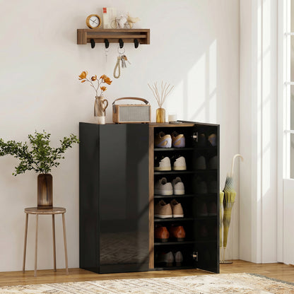 Shoe Cabinet with Soft-Close Safety Doors, 6-Tier Storage for up to 18 Pairs, Handleless Design, High-Gloss Black