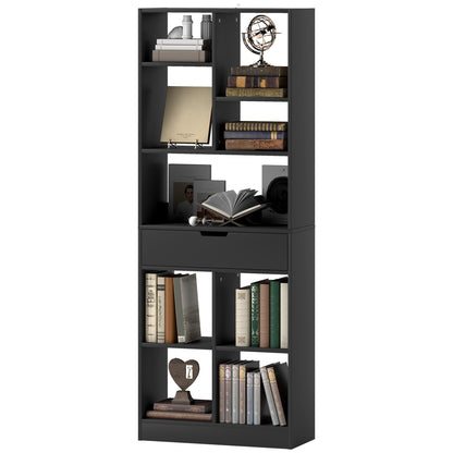 Bookshelf with Drawer and 9 Storage Compartments Bookshelf Shelving Unit for Living Room Office Study 60x26x158 cm Black