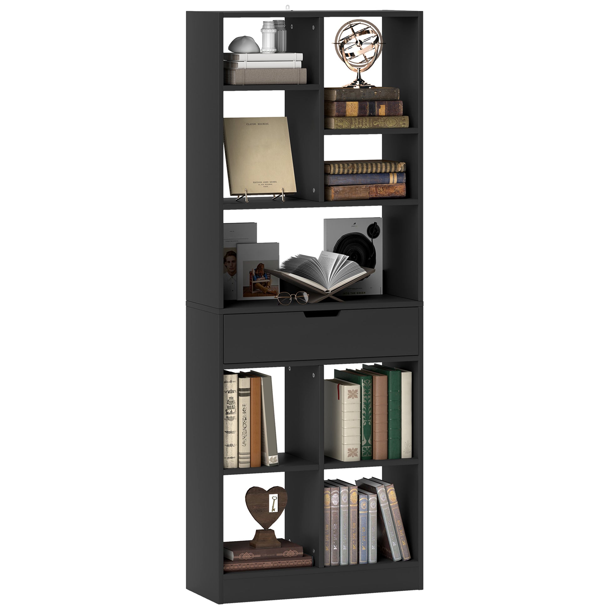 Bookshelf with Drawer and 9 Storage Compartments Bookshelf Shelving Unit for Living Room Office Study 60x26x158 cm Black