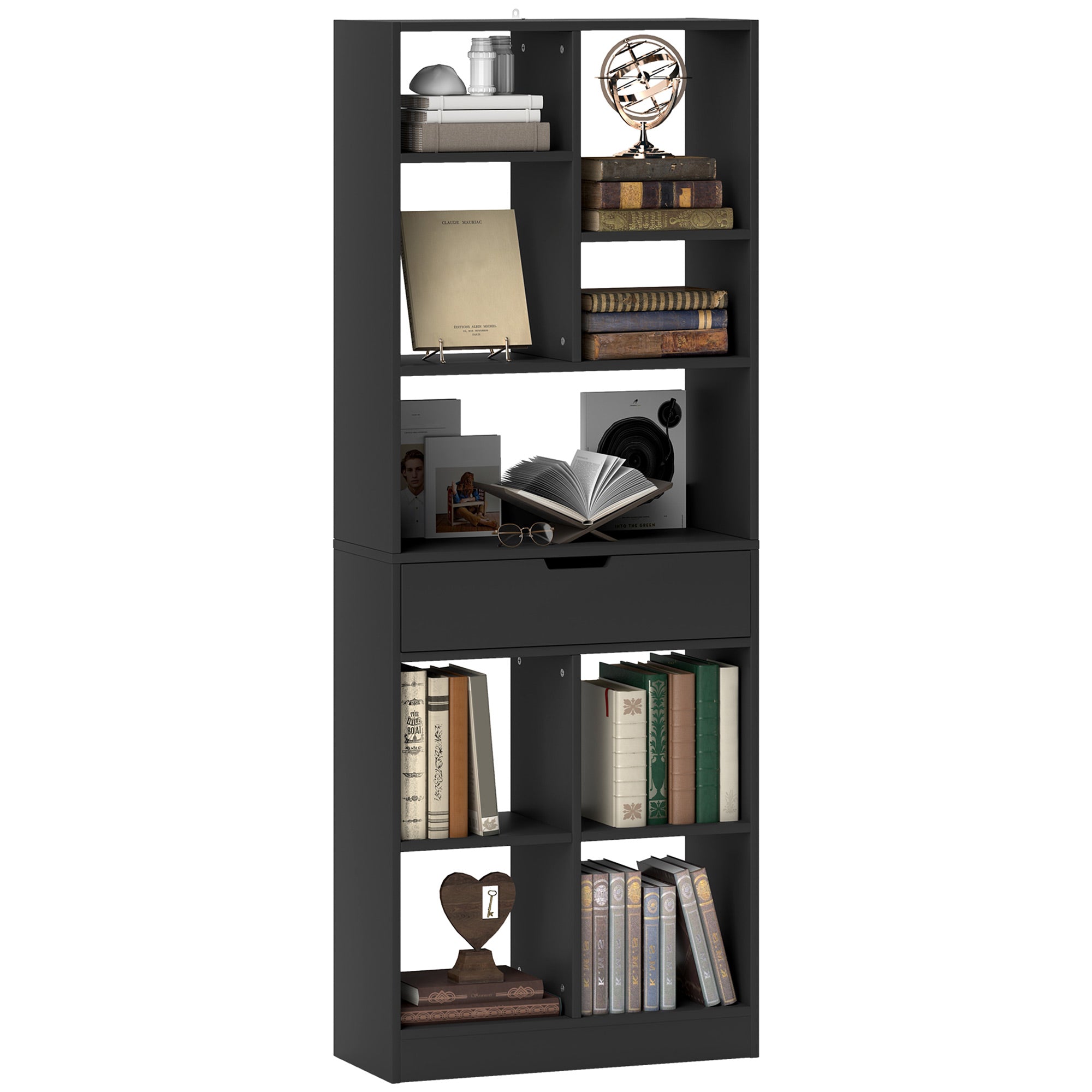 Bookshelf with Drawer and 9 Storage Compartments Bookshelf Shelving Unit for Living Room Office Study 60x26x158 cm Black