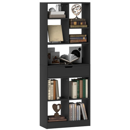 Bookshelf with Drawer and 9 Storage Compartments Bookshelf Shelving Unit for Living Room Office Study 60x26x158 cm Black