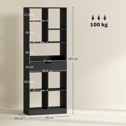 Bookshelf with Drawer and 9 Storage Compartments Bookshelf Shelving Unit for Living Room Office Study 60x26x158 cm Black