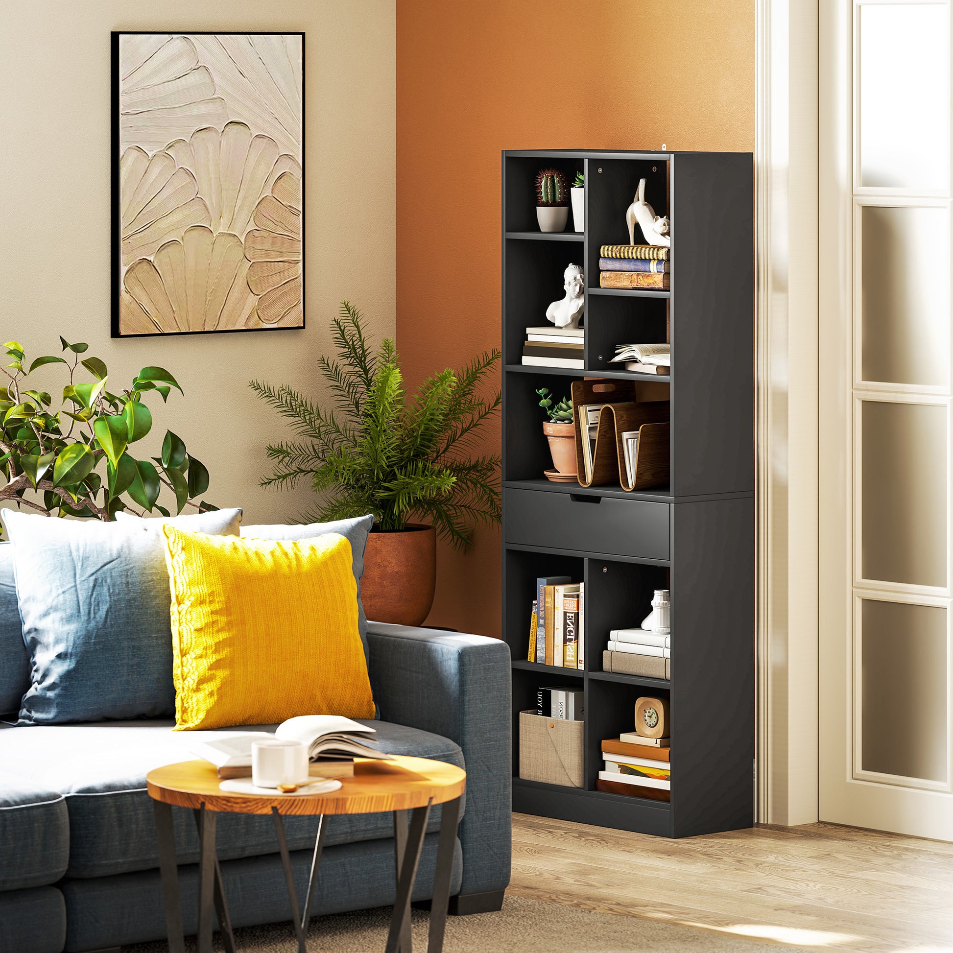 Bookshelf with Drawer and 9 Storage Compartments Bookshelf Shelving Unit for Living Room Office Study 60x26x158 cm Black