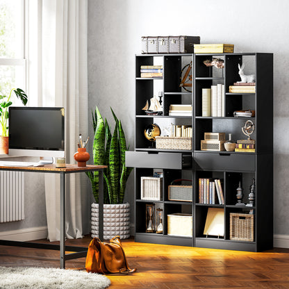 Bookshelf with Drawer and 9 Storage Compartments Bookshelf Shelving Unit for Living Room Office Study 60x26x158 cm Black