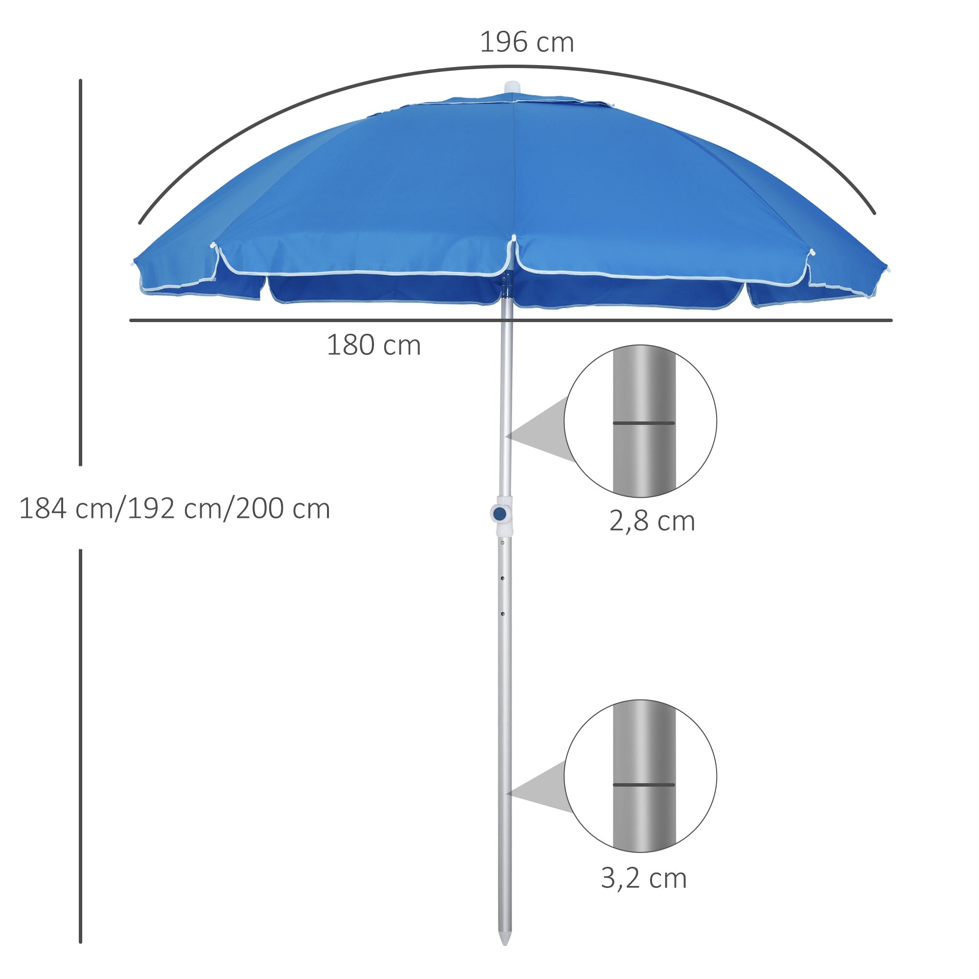 Beach Parasol Octagonal Tilting Ø 180 cm High-Density Polyester Fabric Anti-UV Adjustable Height Aluminum Pole Included Carrying Bag Blue