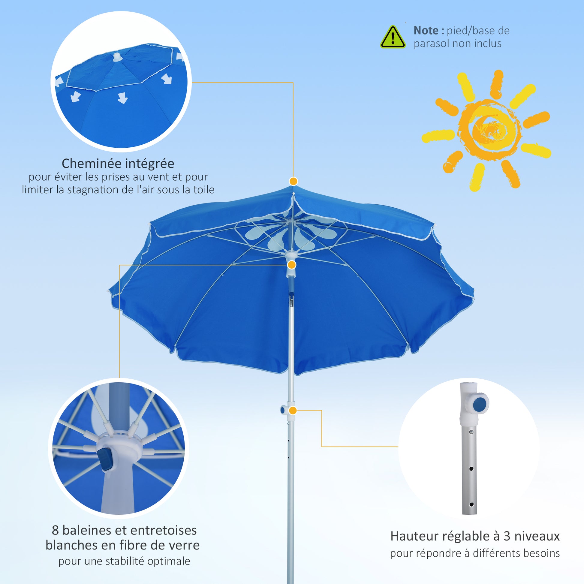 Beach Parasol Octagonal Tilting Ø 180 cm High-Density Polyester Fabric Anti-UV Adjustable Height Aluminum Pole Included Carrying Bag Blue