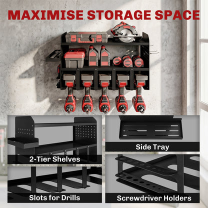 2-Tier Garden Tool Organizer — Wall-Mounted Rack with Hooks & Side Tray, Multi-Purpose Broom Holder for Garage & Shed, Holds up to 110 lb, 24.3 x 9.1 x 12.9 in, Black