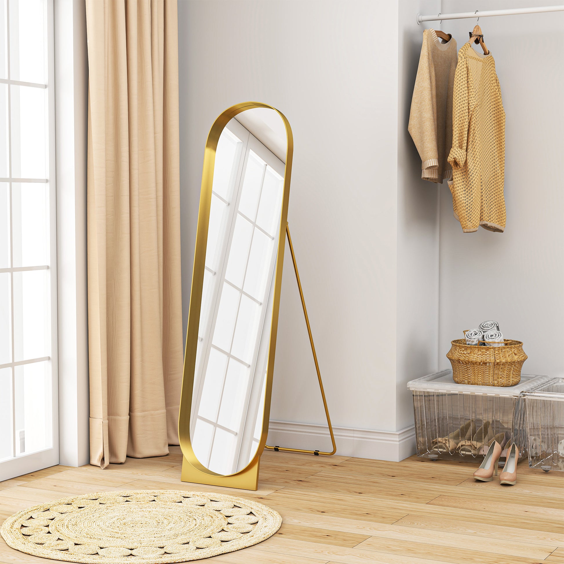 Arched Floor Standing Mirror 40 x 160 cm, large mirror with metal frame and shatterproof film, floor standing or wall leaning, for bedroom, living room, and dressing room, gold