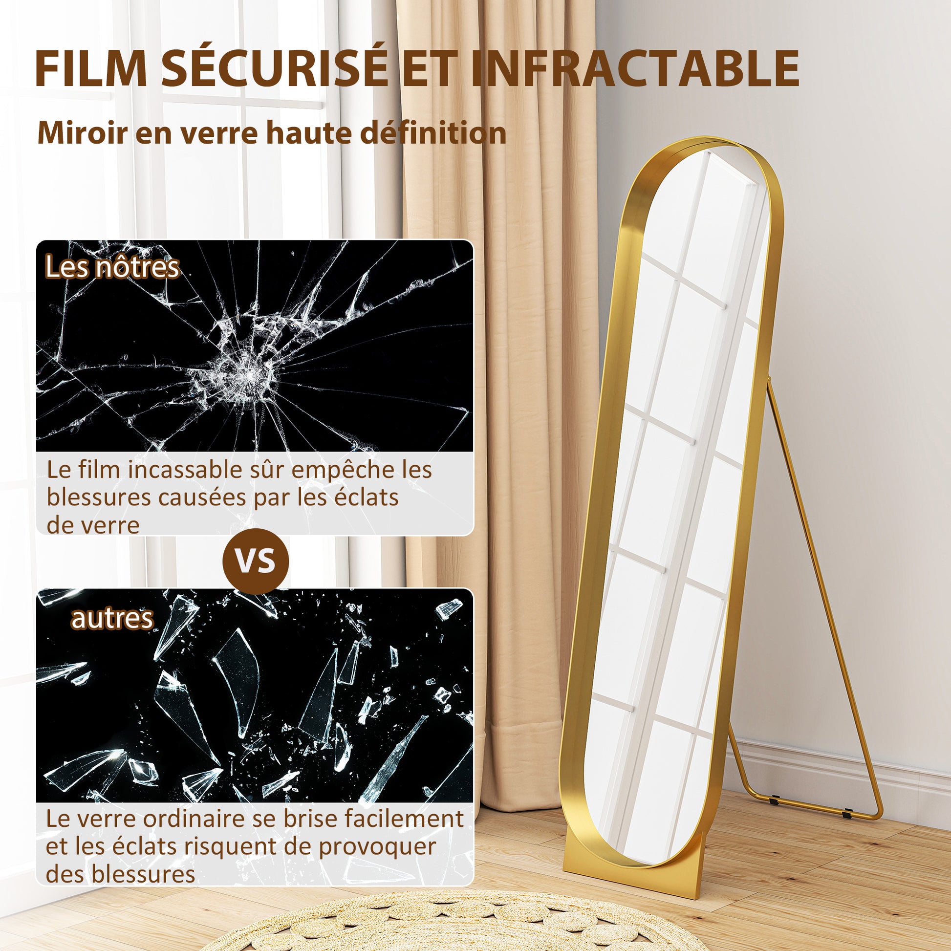 Arched Floor Standing Mirror 40 x 160 cm, large mirror with metal frame and shatterproof film, floor standing or wall leaning, for bedroom, living room, and dressing room, gold