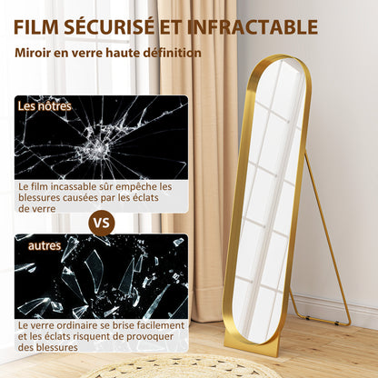 Arched Floor Standing Mirror 40 x 160 cm, large mirror with metal frame and shatterproof film, floor standing or wall leaning, for bedroom, living room, and dressing room, gold