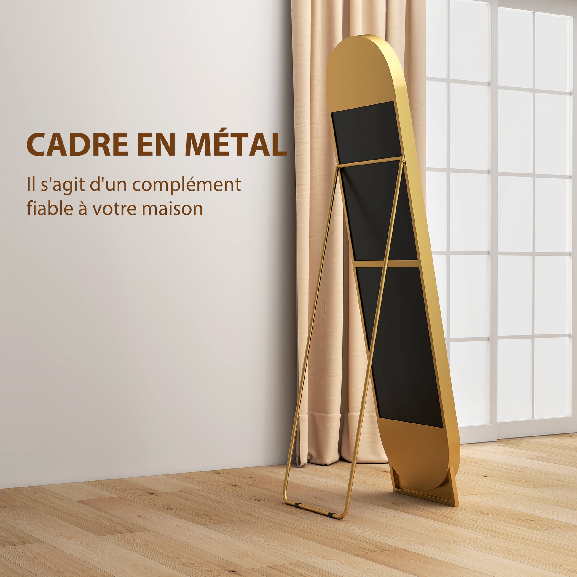 Arched Floor Standing Mirror 40 x 160 cm, large mirror with metal frame and shatterproof film, floor standing or wall leaning, for bedroom, living room, and dressing room, gold