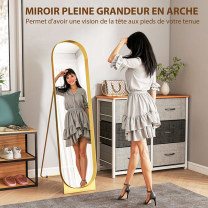 Arched Floor Standing Mirror 40 x 160 cm, large mirror with metal frame and shatterproof film, floor standing or wall leaning, for bedroom, living room, and dressing room, gold