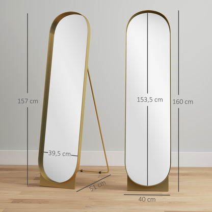 Arched Floor Standing Mirror 40 x 160 cm, large mirror with metal frame and shatterproof film, floor standing or wall leaning, for bedroom, living room, and dressing room, gold