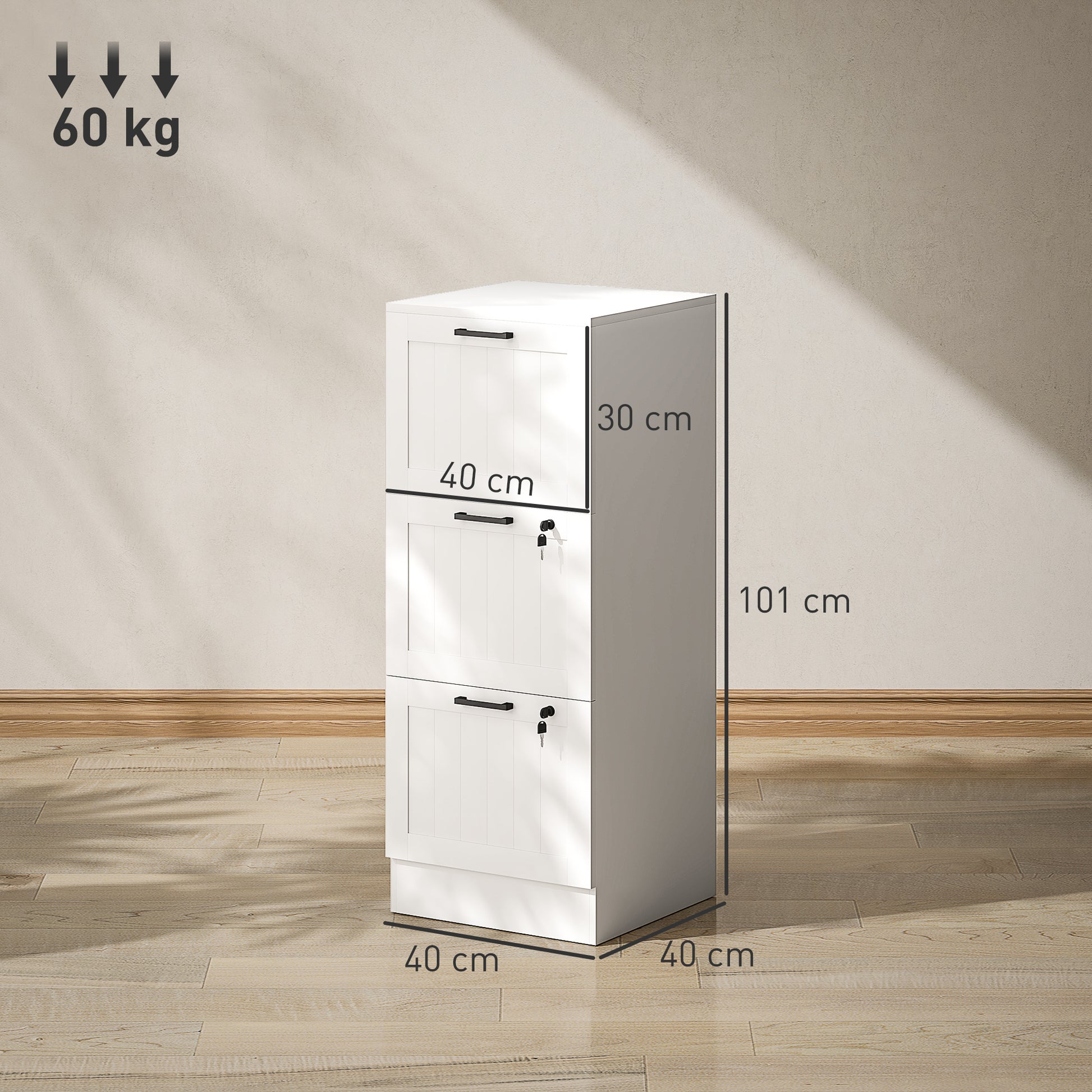 Office Drawer File Cabinet with 3 Drawers Desk Drawer with Locks Hanging Folders for A4 and Letter 40x40x101cm White
