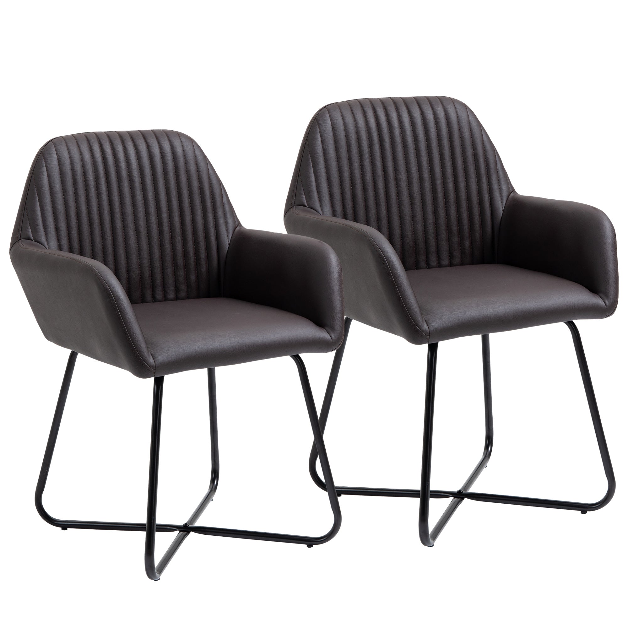 Set of 2 Modern Dining Room Chairs, Kitchen or Living Room, Brown Faux Leather Upholstered Chairs 60x56.5x85cm