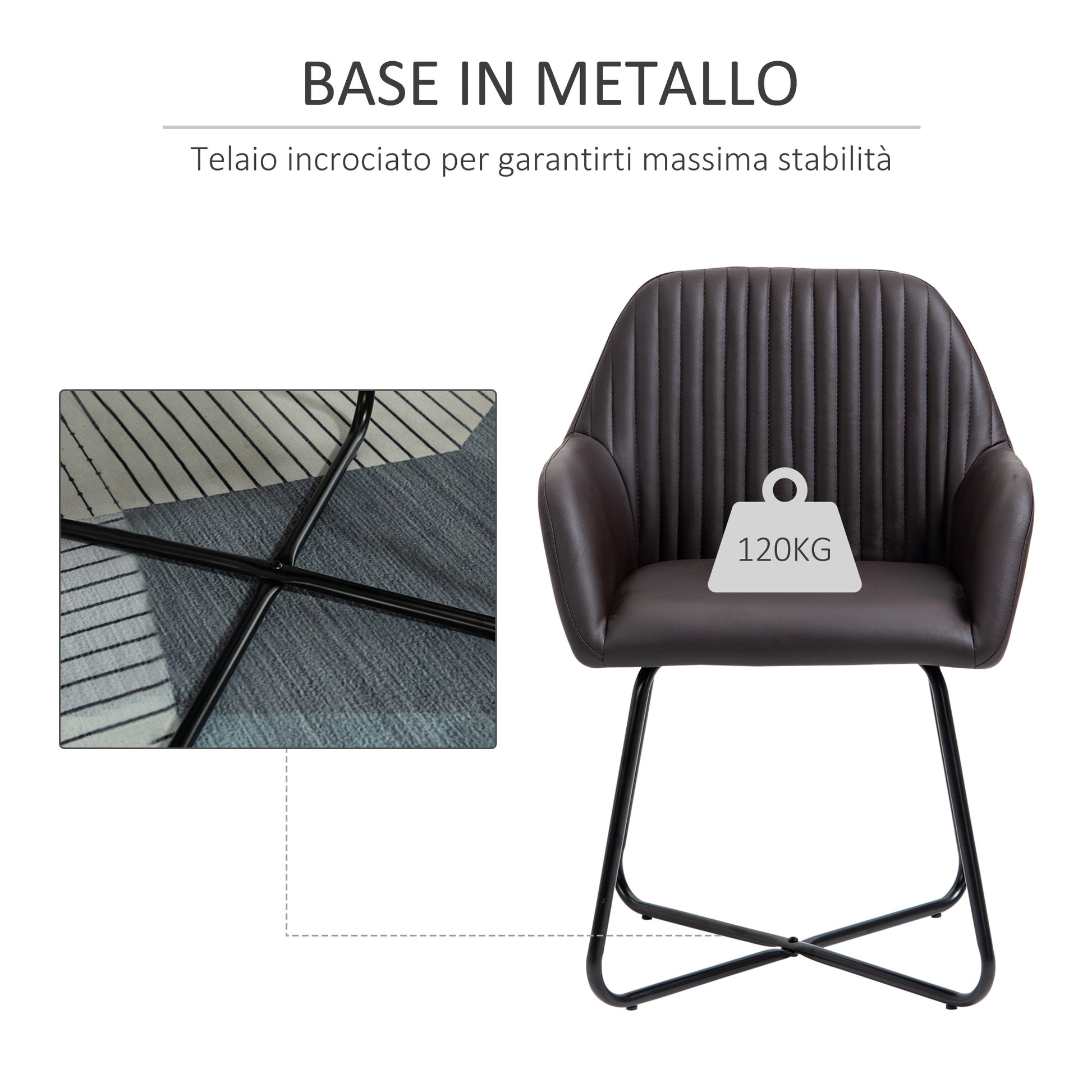 Set of 2 Modern Dining Room Chairs, Kitchen or Living Room, Brown Faux Leather Upholstered Chairs 60x56.5x85cm