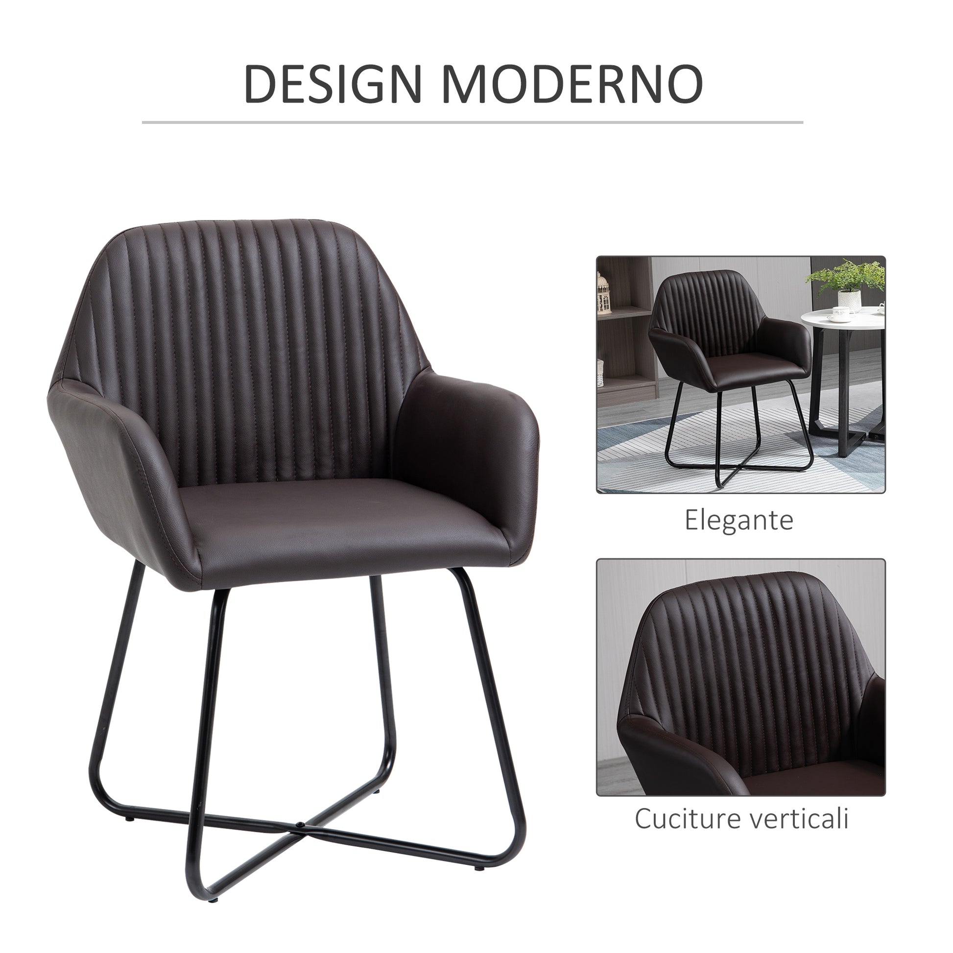 Set of 2 Modern Dining Room Chairs, Kitchen or Living Room, Brown Faux Leather Upholstered Chairs 60x56.5x85cm