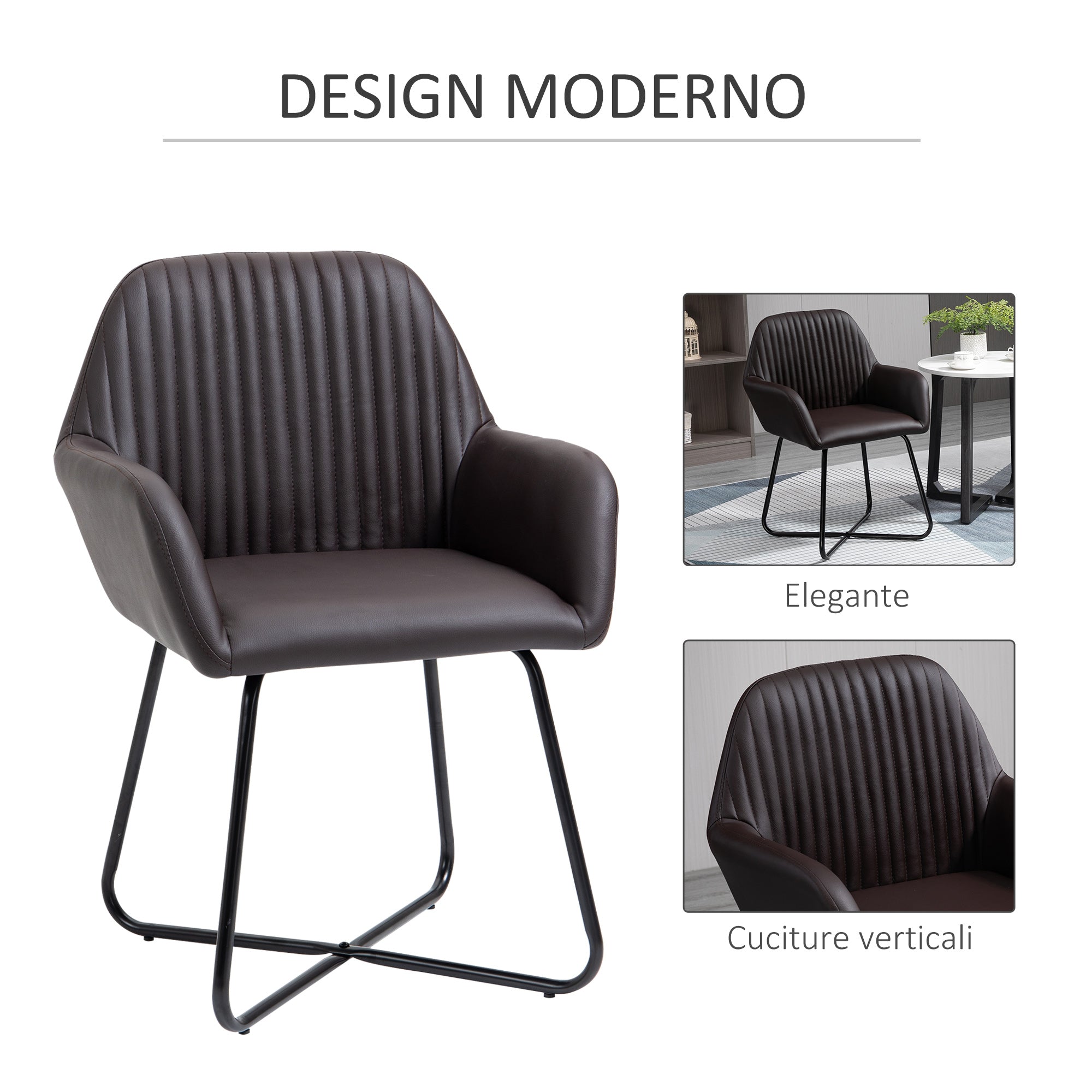 Set of 2 Modern Dining Room Chairs, Kitchen or Living Room, Brown Faux Leather Upholstered Chairs 60x56.5x85cm
